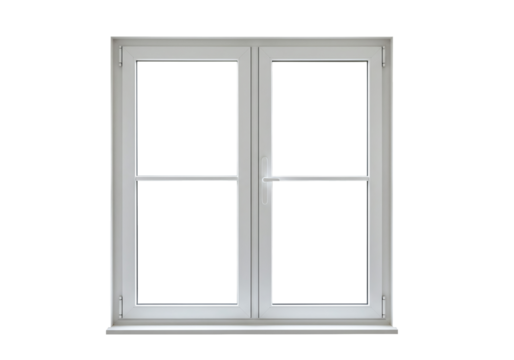 White double glass window with symmetrical vertical frame design isolated on transparent background
