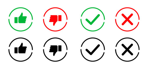 Yes or no icon. Green tick symbol and red cross sign in circle. Checkmark and check icon. Approval. Like and dislike icon. X or approve or deny line art vector icon for apps and websites and ui ux