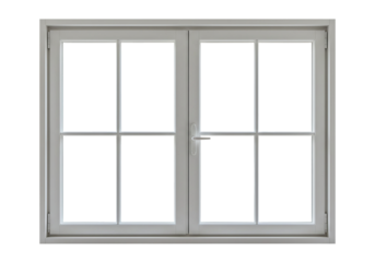 Grey double glass window with sliding center opening panels isolated on transparent background