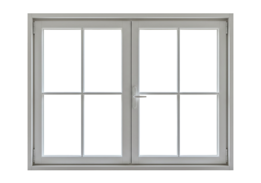 Grey double glass window with sliding center opening panels isolated on transparent background