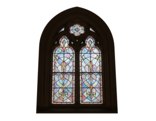 Vintage arched stained glass church window with gothic floral design isolated on transparent background