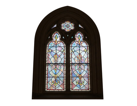 Vintage arched stained glass church window with gothic floral design isolated on transparent background - Powered by Adobe