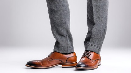 Stylish Brown Leather Oxfords - Closeup of a man's legs wearing brown leather oxfords and grey trousers against a light grey background