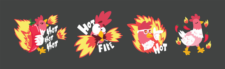 Hot Spicy Chicken with Fire as Grill and Roast Sticker Vector Set © topvectors