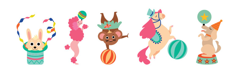 Cute Circus Animal Characters Tame Artist Performing Trick Vector Set