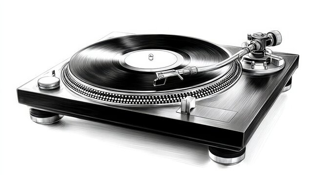 Turntable Vinyl Record Player Sketch - Detailed sketch of a professional turntable with vinyl record, showcasing its classic design and functionality