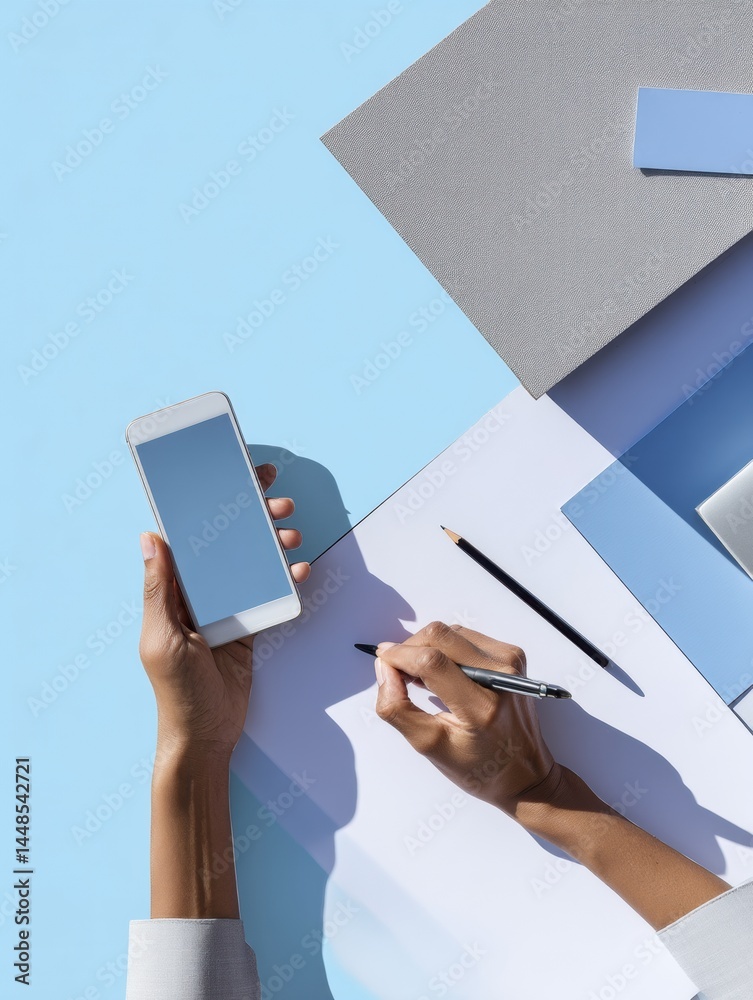 Poster Dynamic Digital Workspace Minimalist Productivity Snapshot with Smartphone and Workspace Tools - Empowering Gen Z Professional Content Creation