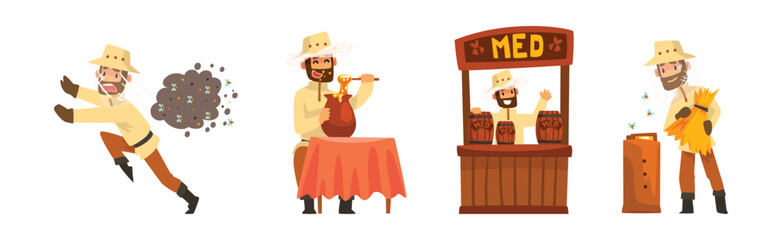 Man Beekeeper Harvest Honey from Bees Vector Set