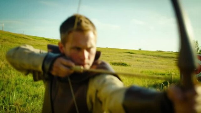 A man is holding a bow and arrow in the field.  Smooth repeating motion for background video animation