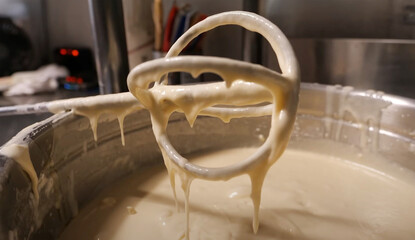 Thick dessert batter drips from a metal beater above a large mixing bowl in a commercial kitchen, showing a close-up of the baking preparation process.