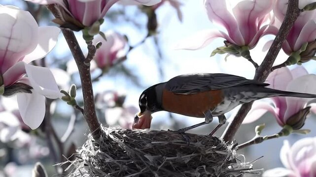 Robin feeding fledgling in nest among pink magnolia blossoms, spring.