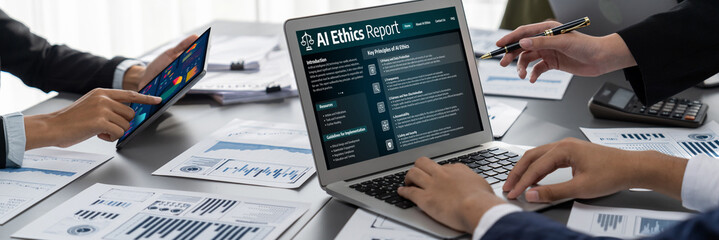 AI ethics responsibility standard law and rules on computer screen provide report of AI ethic...