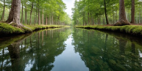 Obraz premium Eco-Conscious Watershed Visualization Symmetrical Forest River Ecosystem Representing Climate Resilience and Green Infrastructure Innovation