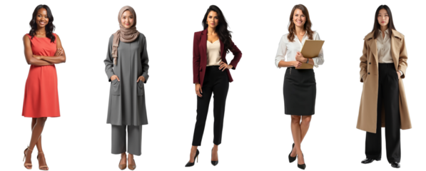 Diverse group of professional businesswomen including vitiligo, hijab, Down syndrome, Latina, Mongolian representation. Isolated on transparent background for D&I campaigns, HR, marketing.