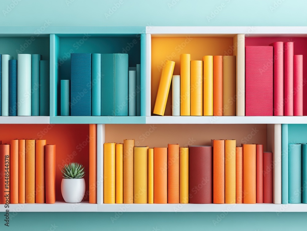 Poster Chromatic Knowledge Sanctuary Minimalist Color-Coded Bookshelf Design Inspiring Creativity and Organizational Wellness in Modern Workspace