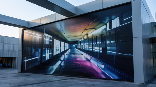 Giant multimedia wall with abstract digital screens, gradient lighting, and futuristic minimalism, symbolizing the fusion of technology and design.
