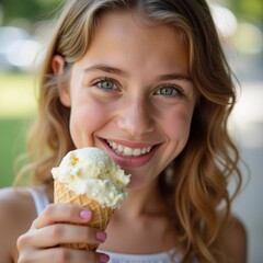 Young woman smiling while eating an ice cream cone outdoors, bright and cheerful, summer vibe, close-up focus.

