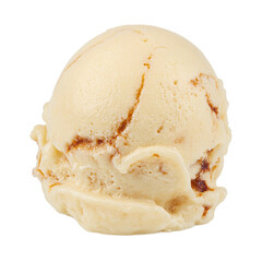 Isolated vanilla cinnamon roll ice cream scoop with rich swirls on white background