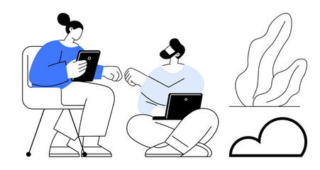 Two people using a tablet and laptop while engaging in discussion, surrounded by minimal elements. Ideal for teamwork, communication, technology, collaboration, productivity, networking, simple