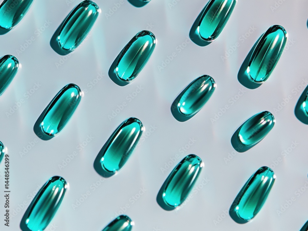 Poster futuristic nootropic wellness translucent teal cognitive enhancement capsules showcasing precision p