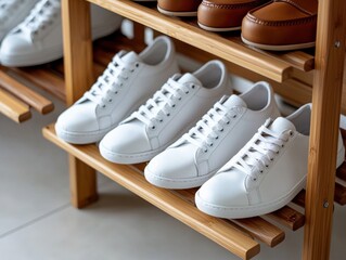 A clean wooden shoe rack with only a few neatly placed white sneakers and slippers