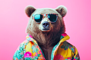 Cool bear wearing floral sunglasses and a colorful jacket poses against a pink background.