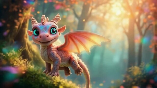 A little pink dragon flies through the forest. Smooth repeating motion for background video animation.