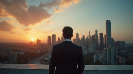 Plakat A man in a suit stands on a rooftop, city skyline at sunset, dramatic sky, contemplative and ambitious mood, wide view.