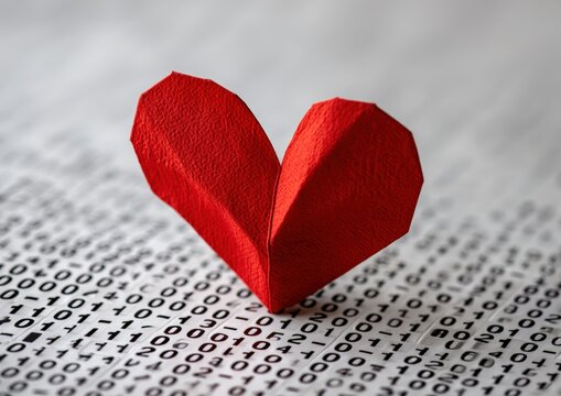 Origami heart on a binary code background, symbolizing love and technology. - Powered by Adobe