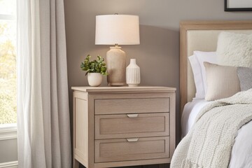 Cozy bedroom with neutral tones featuring a wooden nightstand, a stylish lamp, and decorative elements creating a serene atmosphere in natural light