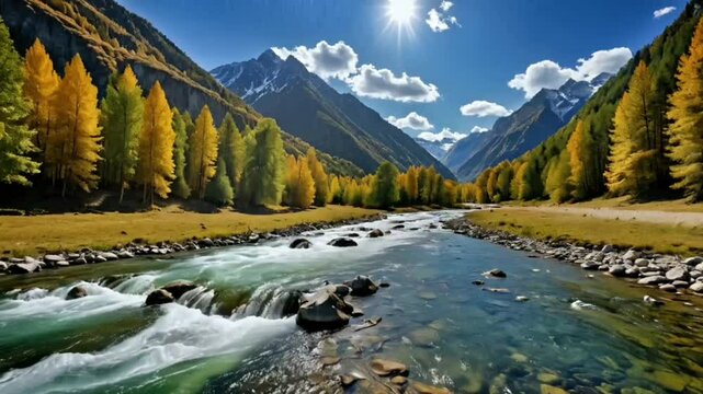 Mountain river flowing beneath autumn trees and clear sky

