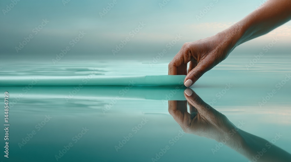 Poster mindful minimalism serene aqua design with hand interaction - contemporary visual meditation and con