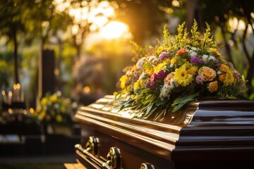A wooden casket adorned with colorful flowers at an outdoor funeral service, bathed in warm, golden sunlight.