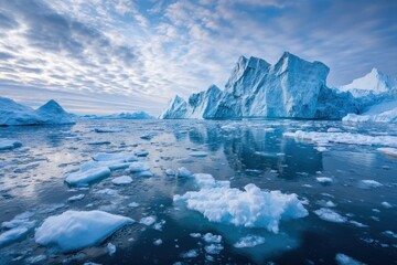 Fototapeta premium Massive icebergs and floating sea ice reflect in cold Arctic waters under a cloudy sky.