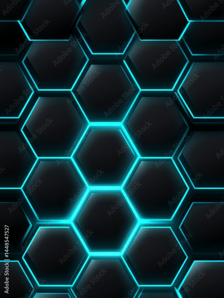 Poster abstract hexagon pattern background - glowing teal lines illuminate a dark hexagon grid, creating a 