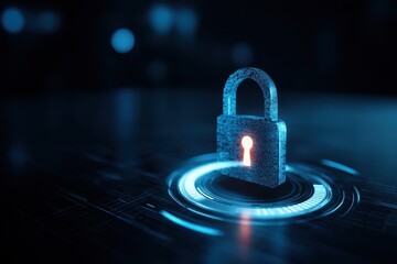 Digital padlock symbolizing cybersecurity and data protection in a futuristic, technology-driven environment.