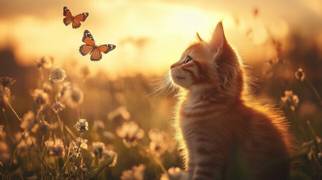 Orange Kitten Watching Butterflies at Sunset  - Powered by Adobe