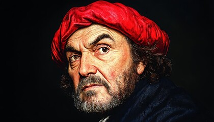 A close-up portrait of a man with a beard and a red turban