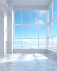 Fototapeta premium Bright modern room with large floor-to-ceiling windows, white marble floor, and a stunning view of the blue sky and clouds.