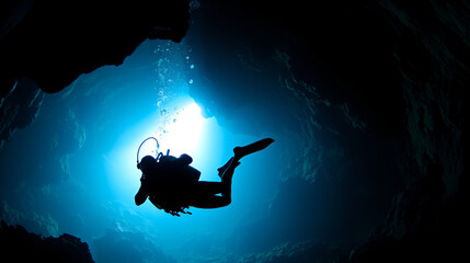 cave diving, diver underwater, dark cave, cavern landscape