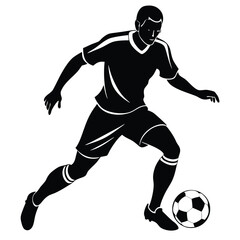 Naklejka premium A dynamic black and white illustration of a soccer player dribbling the ball with speed and skill