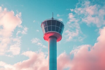 Retro-Futuristic Airport Control Tower Minimalist Industrial Design Against Pastel Sky - Innovative Transportation Infrastructure Visual