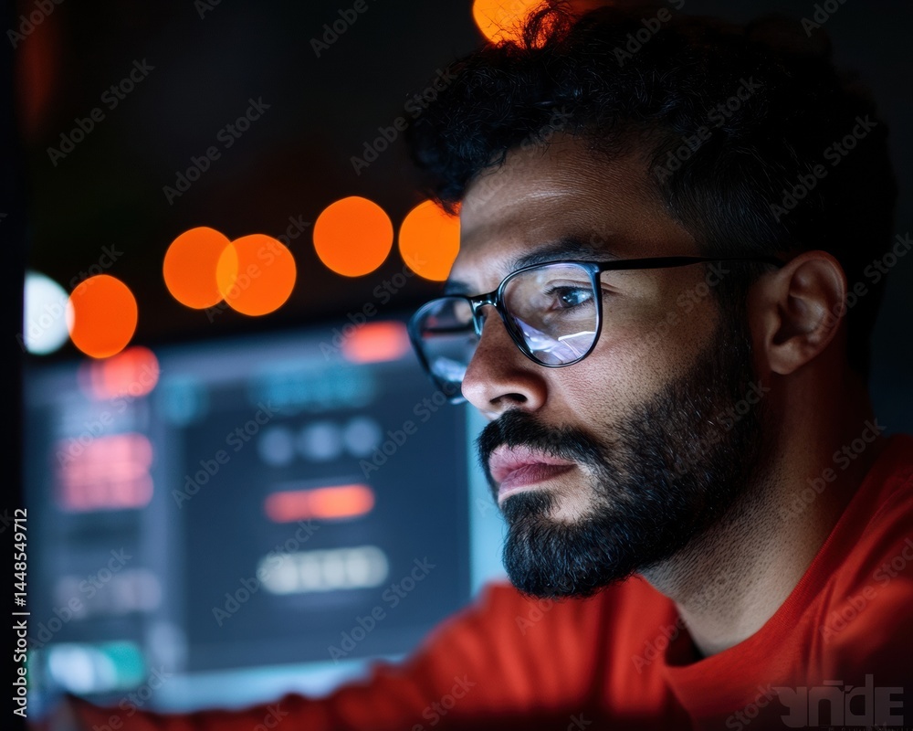 Aufkleber Immersive AI Analytics Next-Gen Professional Decoding Complex Data Streams with Cybersecurity Intensity - Millennial Tech Innovator in High-Performance Digital Workspace
