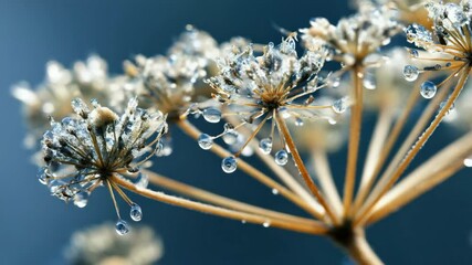 Delicate seed head with ice crystals and water droplets against dark blue background, closeup. - Powered by Adobe