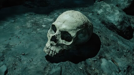 A stunning image of mysterious Human Skull Resting on Dark Ground Surrounded by Shadows and Rock.