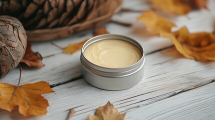 Pale Yellow Cream in Metal Tin on White Wooden Surface with Autumnal Accents 