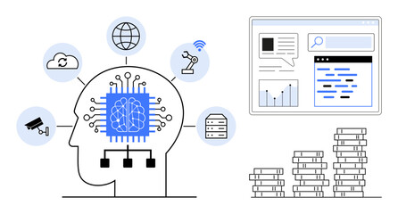 AI head with chip, network, cloud, and automation icons. Web data and stacks of books suggest analytics, learning, and development. Ideal for tech, AI research innovation automation knowledge