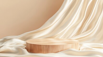 A stunning image of luxury wooden product podium for beauty and fashion product with silk fabric on beige background Premium brand placement mockup template Studio stage scene.