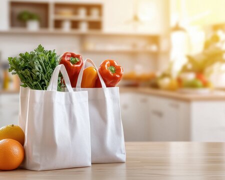 Zero waste eco-friendly zero emission. Two reusable grocery bags filled with fresh vegetables sit on a kitchen counter in a bright, modern kitchen.