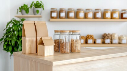 Zero waste eco-friendly zero emission. Minimalist zero-waste store interior with glass jars of grains, paper packaging, wooden counter, and shelves of bulk food items in the background.